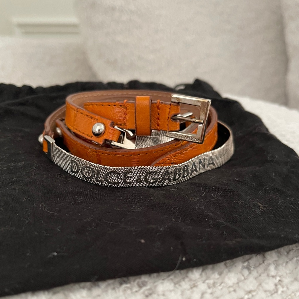 Dolce & Gabbana Italy Orange Leather Silver Metallic Logo Wrap Belt Band 80 / 32